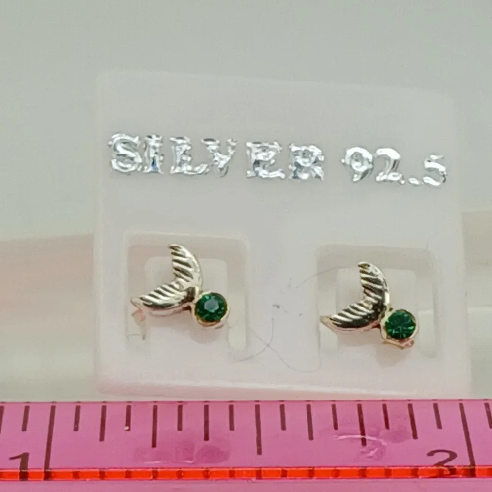 Sterling Silver 925 Mermaid Tail Stud Earrings Green Crystal Nautical Jewelry‎